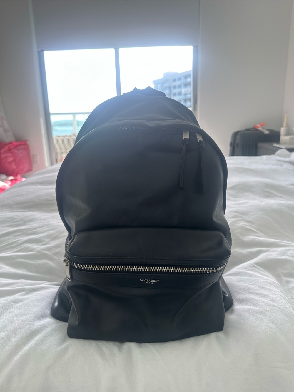 Saint Laurent Black Smooth Leather Backpack with Front Zip Pocket